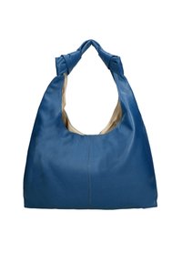 Blauwe leren hobo tas met een textuurafwerking, voorzien van een enkele gedraaide handgreep en een open bovenkant. Interieur heeft een lichtgekleurde voering.
