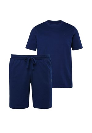 Maglietta a maniche corte in cotone blu navy abbinata a pantaloncini con coulisse della stessa tonalità, progettati per un abbigliamento casual.
