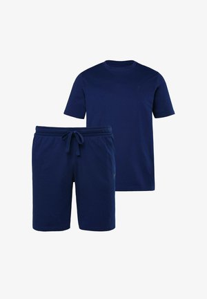 Marineblaues Baumwoll-T-Shirt mit kurzen Ärmeln, kombiniert mit passenden Shorts mit Kordelzug, entworfen für den Freizeitgebrauch.