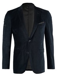 Blazer in velluto blu scuro da uomo con due bottoni, revers a punta, tasche a pattina e tasca sul petto con fazzoletto da taschino.