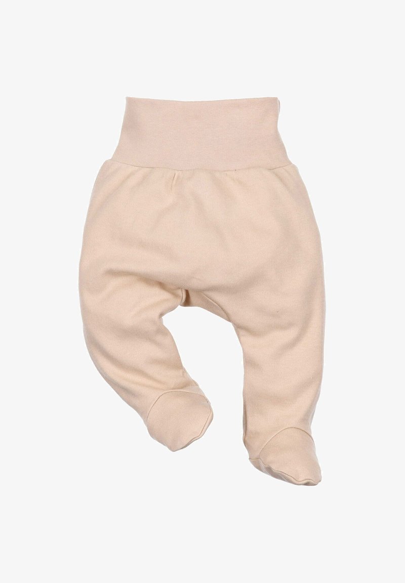 Leggings per neonati di un morbido beige chiaro, realizzati in tessuto soffice con una ampia vita elastica e design con piedi. Presentano cuciture arricciate per il massimo comfort.