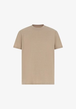 Beige rövid ujjú póló, bordázott textúrájú, kerek nyakkivágással, egyenes aljjal. Egyszerű, minimalista kialakítás, látható logók vagy minták nélkül.