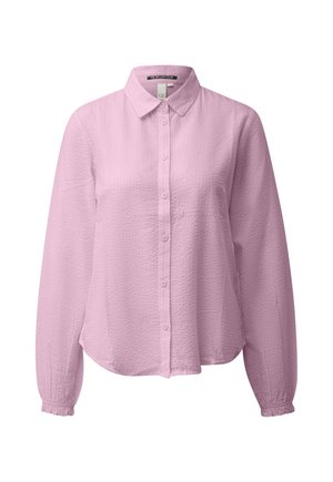 Lichtroze, getextureerde blouse met lange mouwen, knoopsluiting, een klassieke kraag en elastische manchetten.