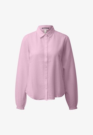 Lichtroze, getextureerde blouse met lange mouwen, knoopsluiting, een klassieke kraag en elastische manchetten.