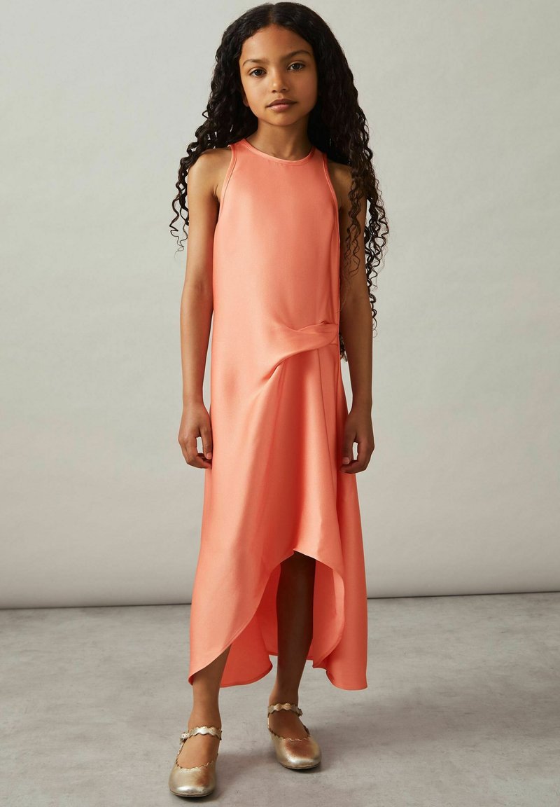 reiss micah satin drape tuck midi dress Reiss Satin Drape Tuck Midi Dress in Rust
