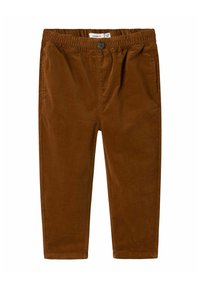 Pantalons en velours côtelé marron pour tout-petits avec ceinture élastique, bouton avant et poches latérales, disposés à plat sur un fond blanc.