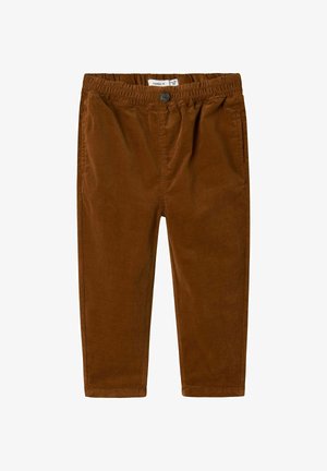 Pantalones de terciopelo marrón para toddlers con cintura elástica, botón frontal y bolsillos laterales, colocados sobre un fondo blanco.