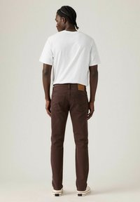 Bruna jeans i denim med en l äderlapp och bakfickor, kombinerade med en enkel vit kortärmad t-shirt, sedd bakifrån.