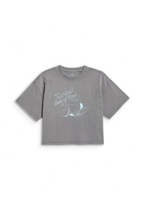 Szary, krótki T-shirt z krótkim rękawem z napisem „"Tropical State of Mind"” i niebieską grafiką napoju kokosowego, plasterka cytryny i kwiatu z przodu.