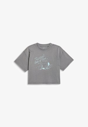 Szary, krótki T-shirt z krótkim rękawem z napisem „"Tropical State of Mind"” i niebieską grafiką napoju kokosowego, plasterka cytryny i kwiatu z przodu.