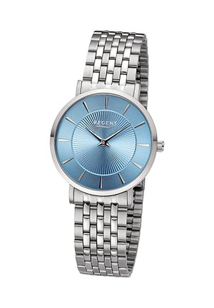 Silberne Armbanduhr aus Metall mit silbernem Gliederarmband und sonnenstrahlartig schimmerndem blauem Zifferblatt, das die Uhrzeit 10:10 zeigt, ohne Zahlen, mit einfachen silbernen Stundenmarkierungen.