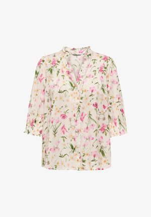 Blomstret skjortebluse med knapper og 3/4 ærmer, lavet af let stof. Har pink og grønne blomsterprint på en cremefarvet baggrund. Detalje med flæset krave.