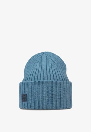 Knitted beanie in light blue, featuring a ribbed texture and folded cuff. Includes a small black logo patch on the side.