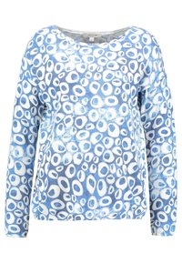 Langärmliger Pullover aus weichem Stoff mit einem hellblauen und weißen kreisförmigen Muster. Lockere Passform mit Rundhalsausschnitt und geripptem Saum.