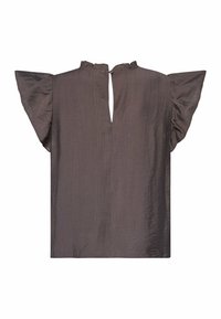 Brun bluse med korte ærmer, rynket design, nøglehulslukning bagpå og tekstureret stof. Enkel, lige pasform.