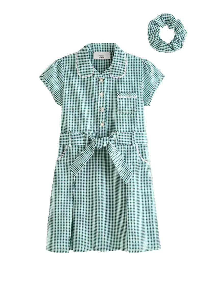 Groen-witte geruite jurk met korte mouwen, kraag, knopen aan de voorkant, een tailleband en een zakdetail. Inclusief bijpassende scrunchie.