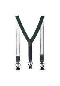 Groene en witte gestreepte bretels met een marineblauw centraal gedeelte; voorzien van leren accenten en metalen clips voor bevestiging.