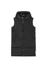 Svart vadderad väst med huva, framdragkedja, två sidofickor och en rektangulär dragflik. Slät yttermaterial med blank yta.