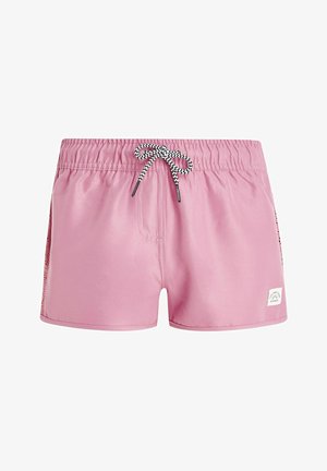 Pantaloni da bagno rosa con cintura elastica, cordino nero e bianco, e tasche laterali. Tessuto liscio e una piccola etichetta con logo sull'orlo.
