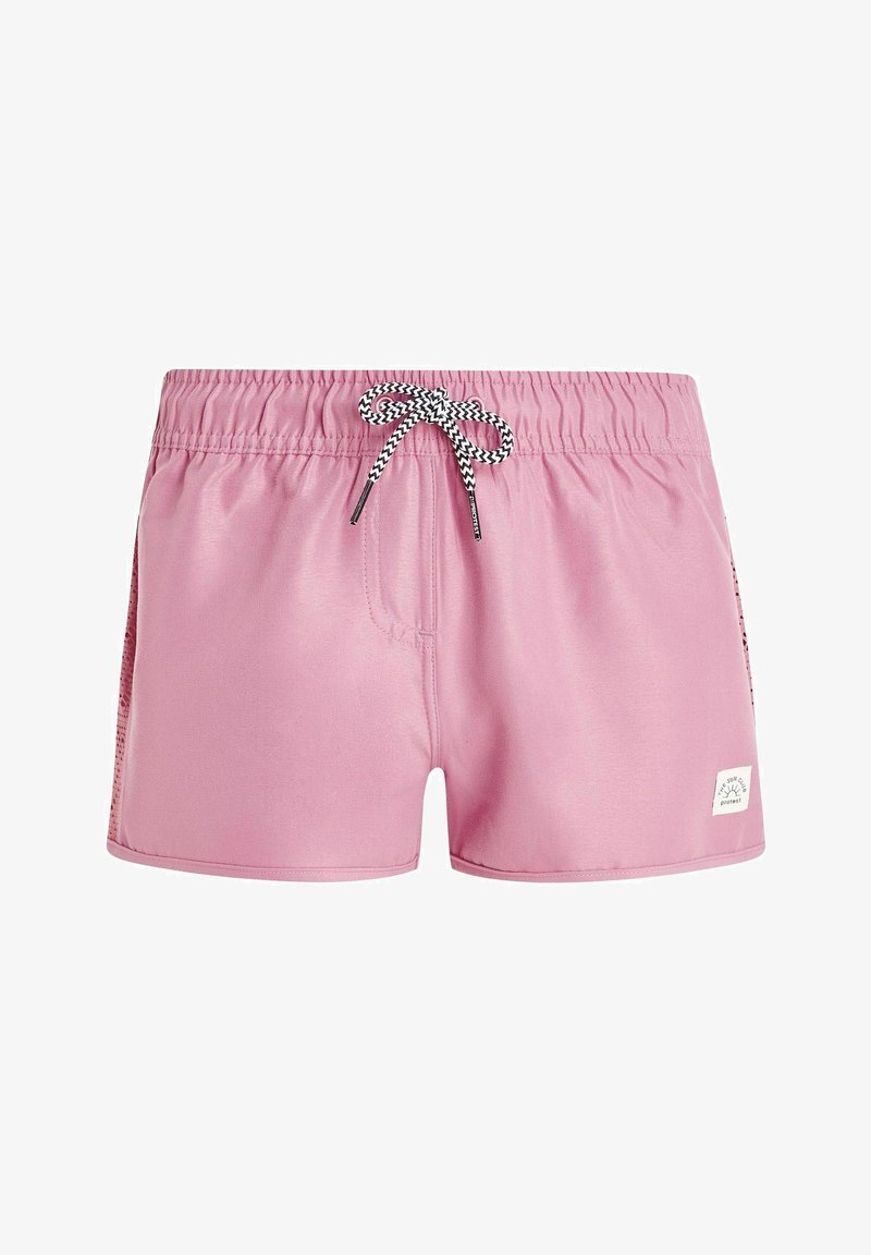 Shorts de bain roses avec une taille élastique, un cordon de serrage noir et blanc, et des poches latérales. Texture lisse et un petit patch logo sur l'ourlet.