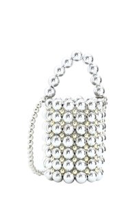 Borsa a mano con perline argentate, caratterizzata da una struttura rotonda, perline sferiche e una maniglia decorativa a catena con accenti metallici.