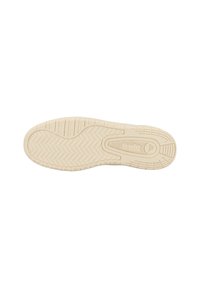 Rubber shoe sole in cream color with a textured herringbone pattern. Features a central logo detail and defined traction grooves.
