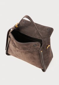 Brown suede handbag with gold-tone hardware, open top, and contrasting blue stitching. Rounded body with two side handles.