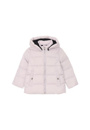 Giacca a vento viola chiaro con cappuccio, caratterizzata da un design trapuntato, due tasche frontali con bottoni e un rivestimento interno nero.