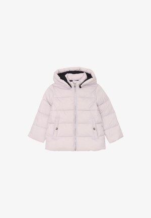 Giacca a vento viola chiaro con cappuccio, caratterizzata da un design trapuntato, due tasche frontali con bottoni e un rivestimento interno nero.