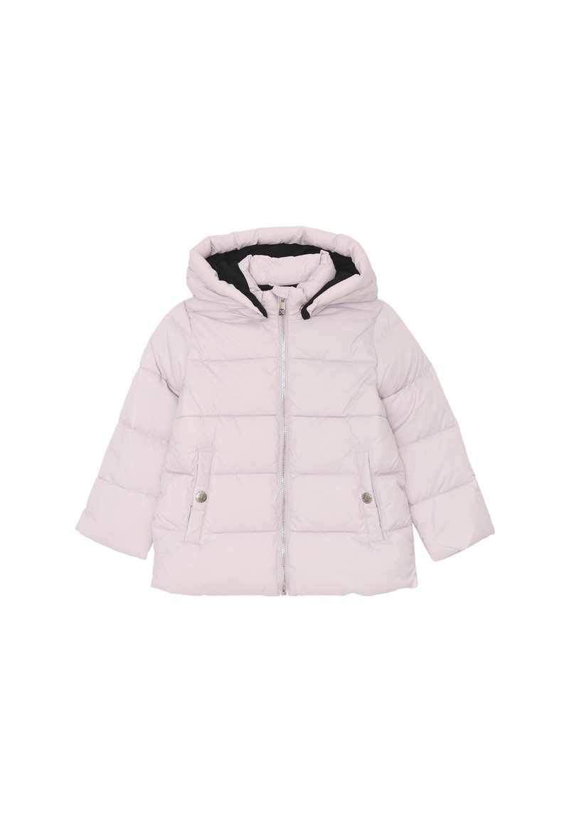 Giacca a vento viola chiaro con cappuccio, caratterizzata da un design trapuntato, due tasche frontali con bottoni e un rivestimento interno nero.