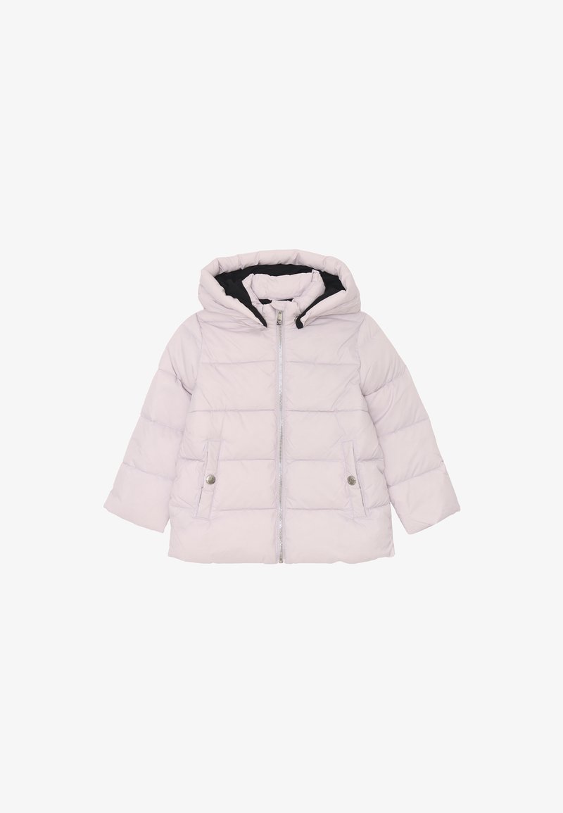 Giacca a vento viola chiaro con cappuccio, caratterizzata da un design trapuntato, due tasche frontali con bottoni e un rivestimento interno nero.