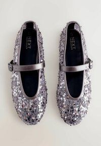 Silberne Pailletten-Ballerinas mit abgerundetem Zehenbereich und einem Riemen über dem Mittelfuß. Das Obermaterial hat eine strukturierte Oberfläche mit schimmernden Details.