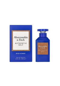 Blue bottle of Abercrombie & Fitch Authentic Self perfume, featuring a cork accent and rectangular shape, beside its matching blue box.