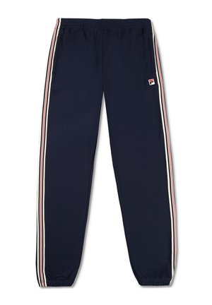Pantalones de chándal de la marina, hechos de tela suave, con franjas laterales en blanco y rojo y una cintura elástica con un pequeño parche de logo.