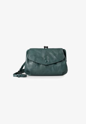 Grüne Leder-Crossbody-Tasche mit Klappenverschluss und Druckknopf, mit strukturierter Oberfläche und verstellbarem Riemen.