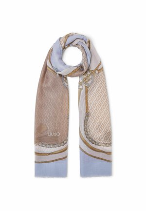 Sciarpa azzurro chiaro e beige con motivi a catena e corda, logo "LIU·JO" e bordi frangiati, piegata a forma di anello.