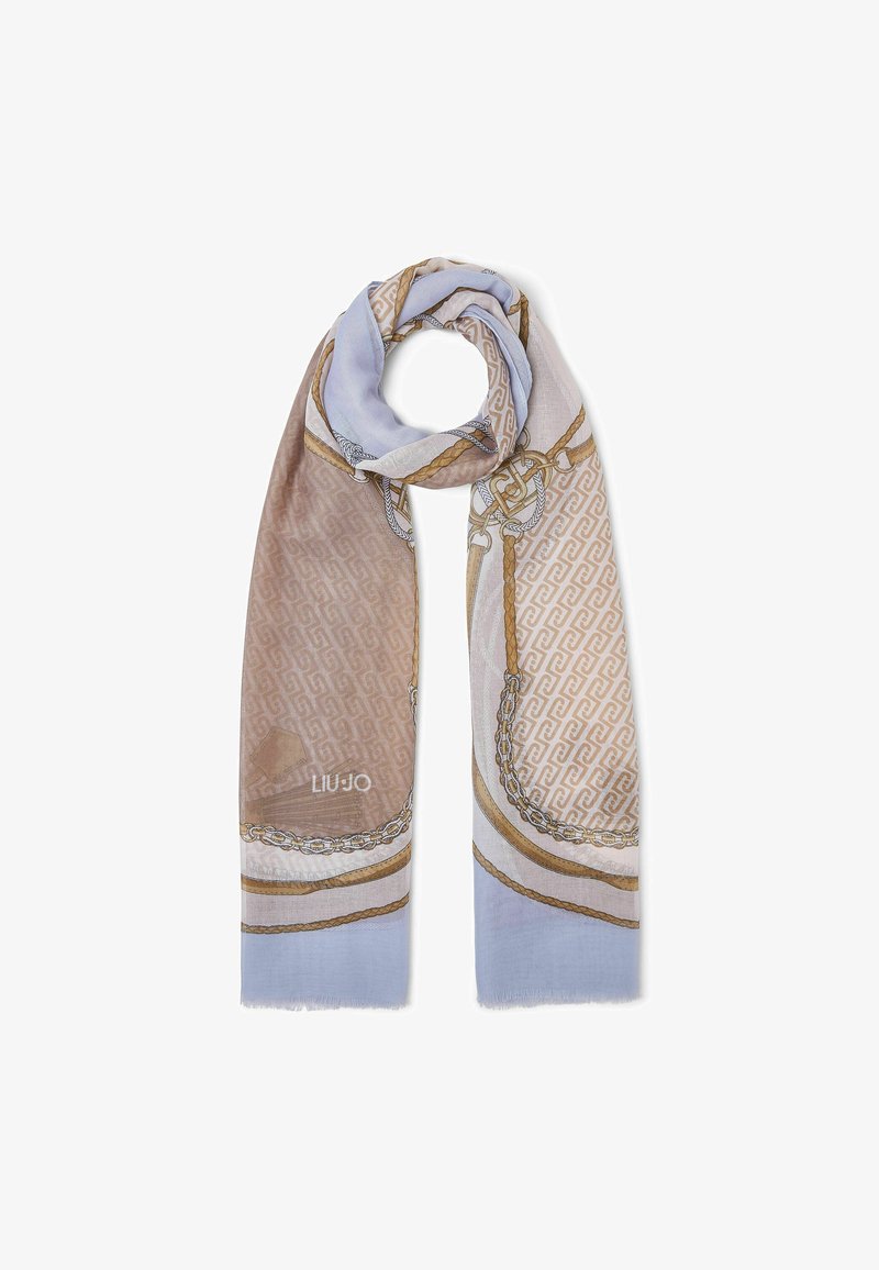 Écharpe bleu clair et beige avec motifs de chaînes et de cordes, logo "LIU·JO" et bords frangés, pliée en boucle.