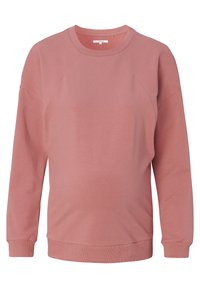 Schwangerschafts-Sweatshirt in staubigem Rosé, mit Rundhalsausschnitt, Raglanärmeln, gerippten Bündchen und lockerem Schnitt. Glatte Textur, minimalistisches Design.