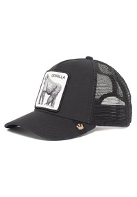 Gorra negra con lados de malla, que presenta un parche cuadrado de un gorila. Tiene un visera curva y un pequeño logotipo en el lateral en dorado.