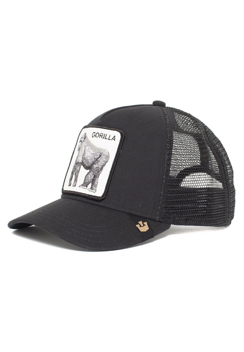 Gorra negra con lados de malla, que presenta un parche cuadrado de un gorila. Tiene un visera curva y un pequeño logotipo en el lateral en dorado.