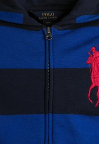 Blå och marinrandig zip-up huvtröja med broderad röd logotyp; har hög krage och dragkedjestängning, tillverkad av mjukt tyg.