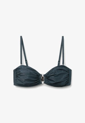 Dark green bikini top with a textured fabric, adjustable straps, and a metal clasp in the center. Features gathered detailing on the cups.