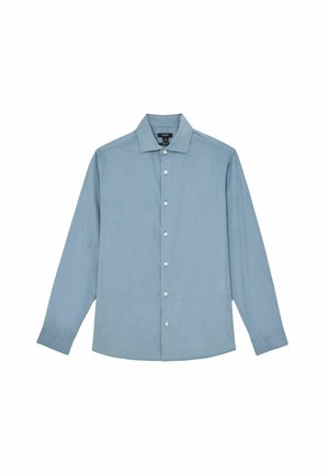 Pánska svetlomodrá košeľa s dlhým rukávom a gombíkmi, klasickým golierom, gombíkmi na jednom zápästí a rovnými okrajmi.