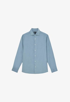 Men’s light blue long-sleeve button-up shirt with classic collar, single-button cuffs, and a straight hem.
