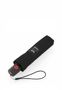 Ombrello nero compatto con manico cilindrico contenente un pulsante rosso e una tracolla. Presenta un'etichetta con logo sul tessuto.