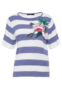 Camiseta de algodón a rayas en púrpura y blanco, con mangas cortas, cuello redondo y bordado floral que presenta rosas rosas y hojas verdes.