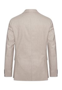 Ljusbeige skräddarsydd kavaj med en mjuk textur, strukturerade axlar och en enda vent bak. Minimalistisk design utan synliga dekorationer.