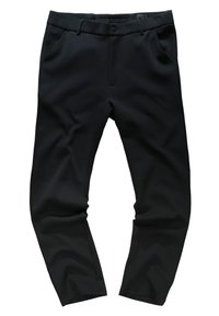 Schwarze Hose mit glatter Textur, elastischem Bund, zwei vorderen Taschen und taillierter Passform. Keine sichtbaren Muster oder Akzente.