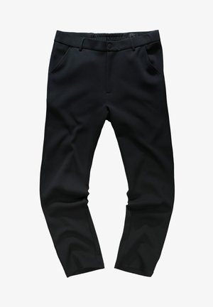 Zwarte broek met een zachte textuur, elastische tailleband, twee voorzakken en een getailleerde pasvorm. Geen zichtbare patronen of accenten.
