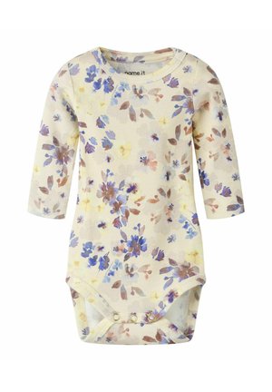 Body bébé à manches longues avec fermetures à pression, présentant un fond crème et un motif floral aux tons bleu, marron et jaune.